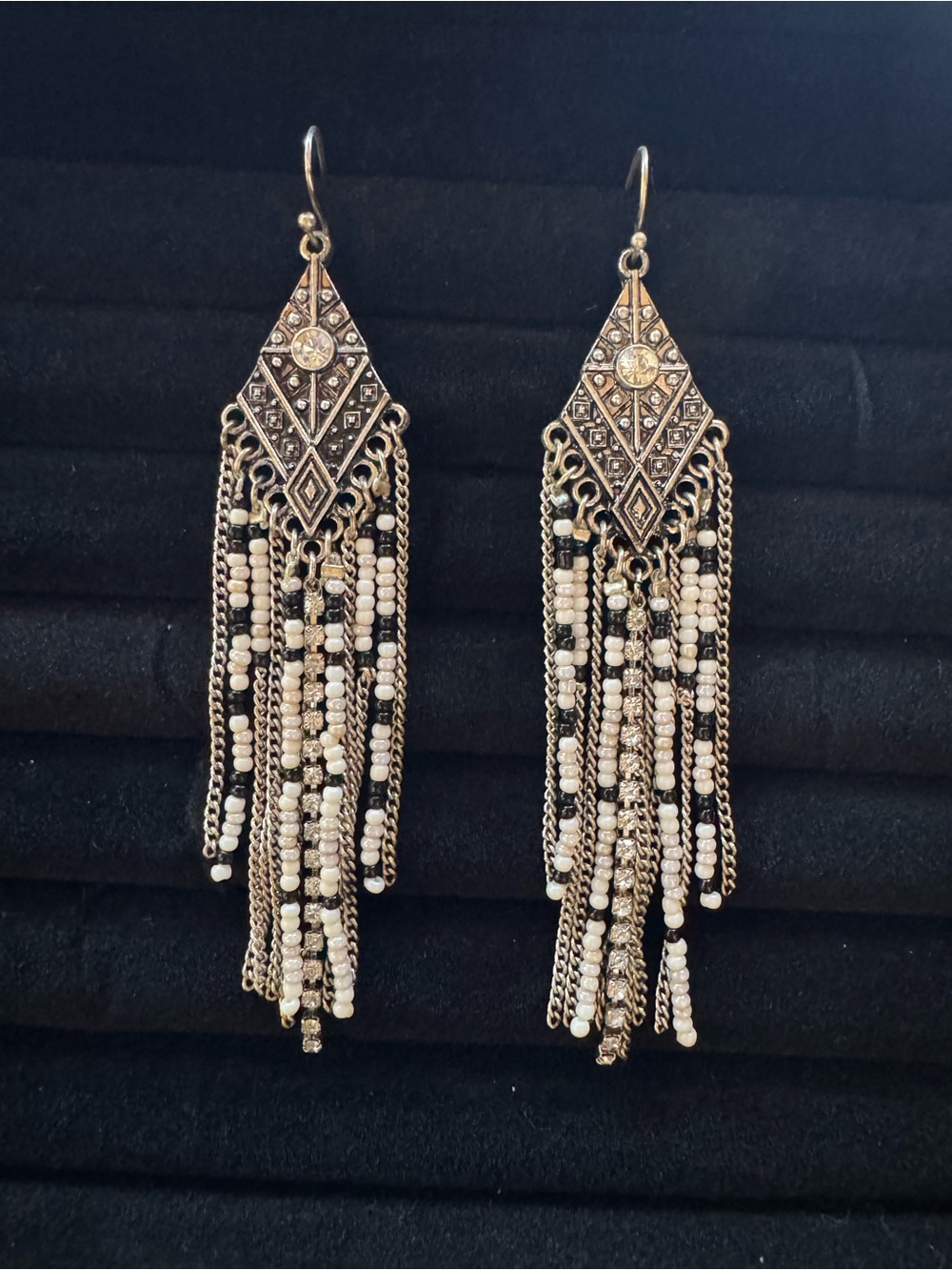 Boho Fringe Dangle Earrings in Ivory and Antique Gold